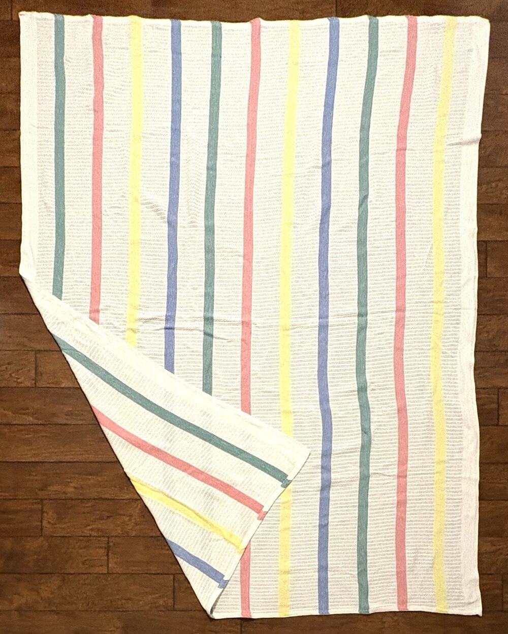 Vintage All Cotton Waffle Weave Blanket Pastels Stripes 78"x101" Made in USA